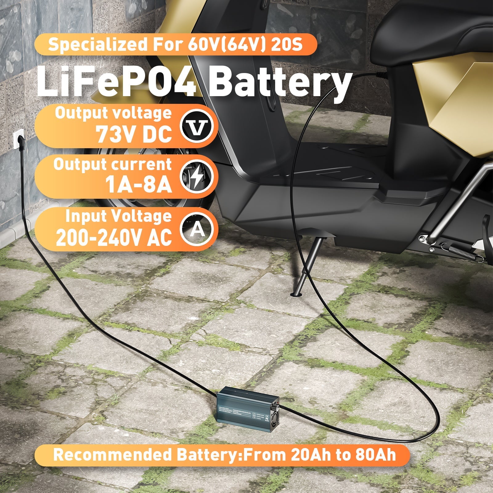 Suraziki 73 V 1–8 A stromverstellbares Lithium-LiFePO4-Batterieladegerät für 64 V (60 V) LiFePO4-Batterie, Golfwagen-Trolling-Motor, Wohnmobil-Boot-Batterieladegerät