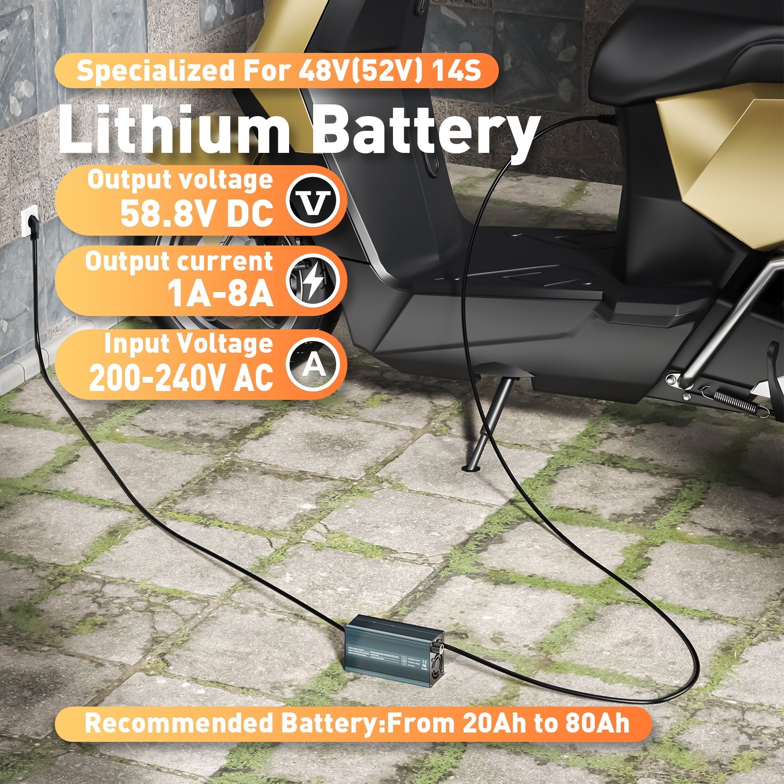 Suraziki 58,8 V 1-8 A stromverstellbares Lithium-Batterieladegerät für 14S 51,8 V 52 V Li-Ionen-/ternäre Lithium-/Polymer-Batterie, Ebike-Scooter-Batterieladegerät
