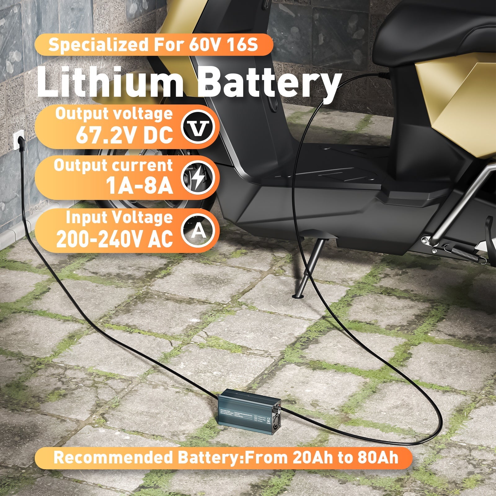 Suraziki 67,2 V 1-8 A stromverstellbares Lithium-Batterieladegerät für 16S 59,2 V 60 V Li-Ionen-/ternären Lithium-/Polymer-Akku, Ebike-Roller-Elektromotorrad-Akkuladegerät