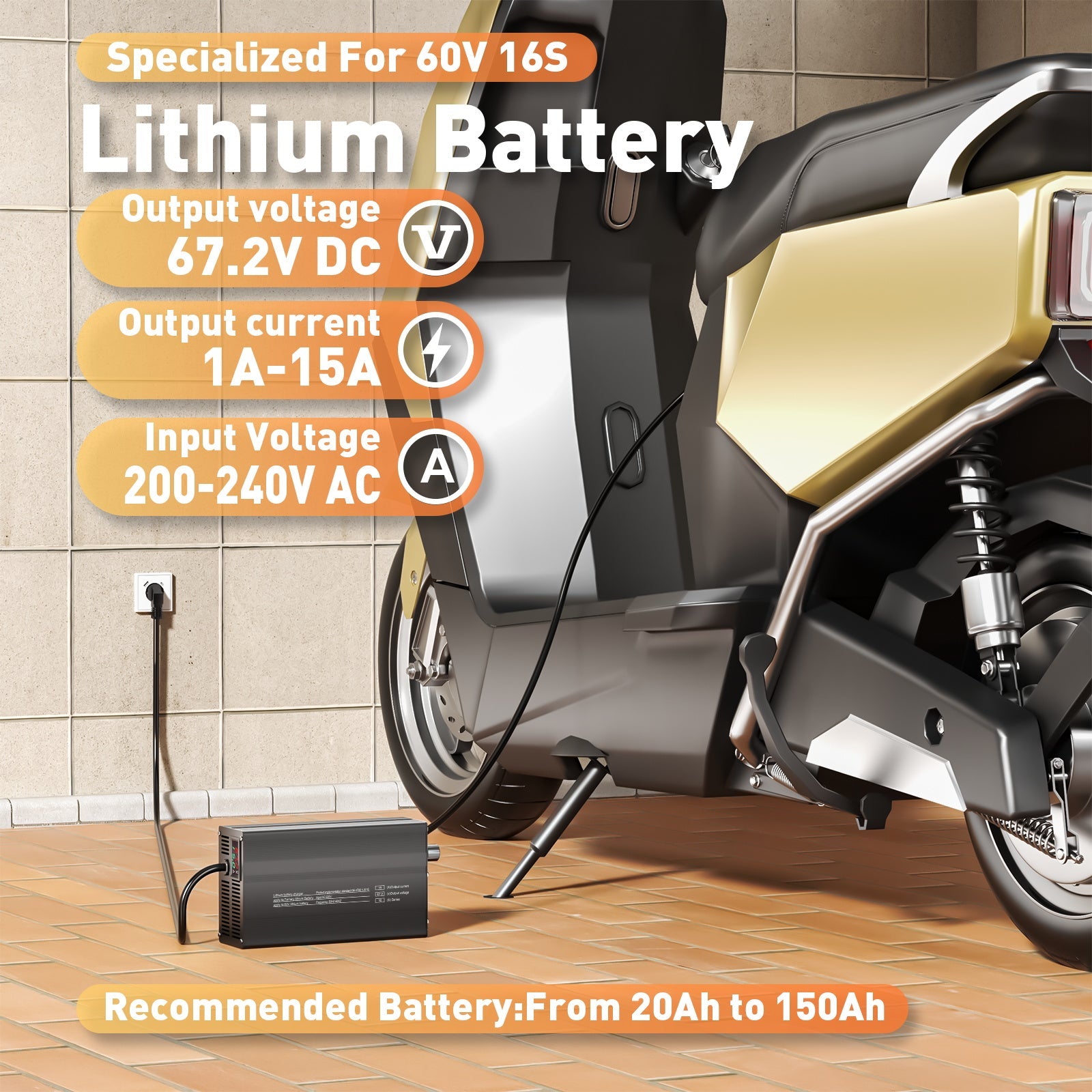 Suraziki 67,2 V 1-15 A Strom einstellbares Lithium-Batterieladegerät für 16S 59,2 V Li-Ionen-/ternäre Lithium-/Polymer-Batterien, E-Bike-Scooter-Batterieladegerät