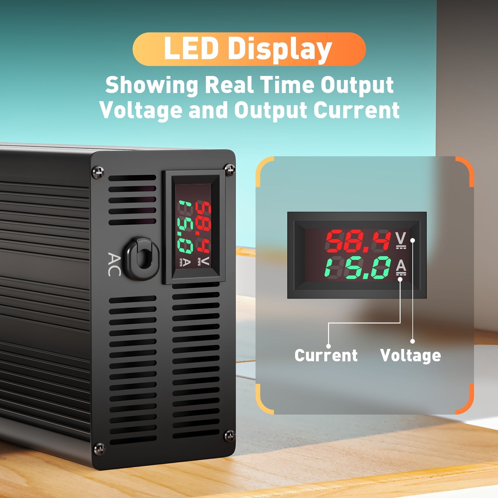 Suraziki 58.4V 1-15A Adjustable Current Lithium LiFePO4 Battery Charger for 16S 51.2V (48V) LiFePO4 Battery, Cooling Fan, Aluminum Alloy Case, LCD Display