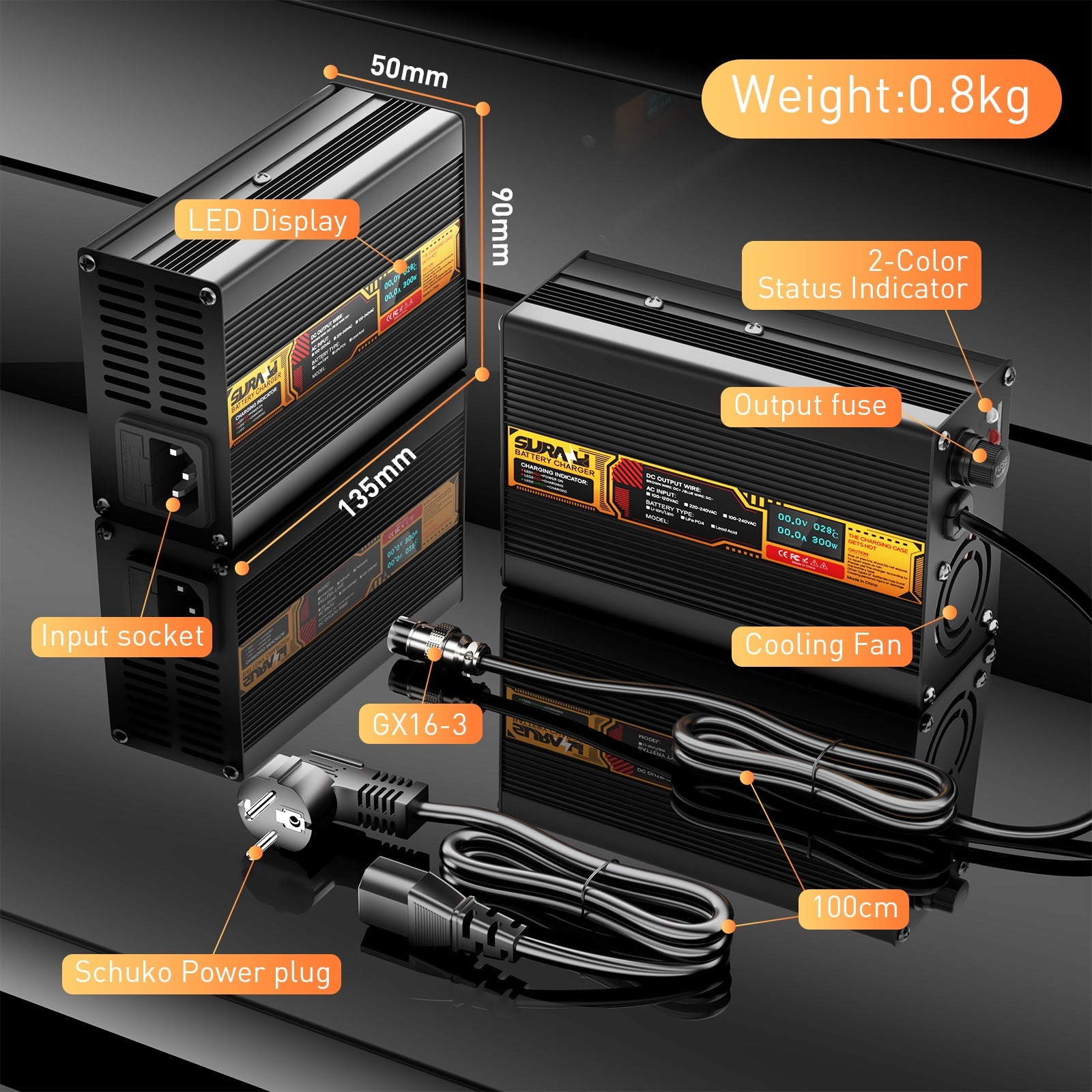 Suraziki LiFePO4 58,4 V 4 A Batterieladegerät für 48 V/51,2 V Lithium-Eisenphosphat-Batterien, LED-Anzeige, vollständiger Schutz