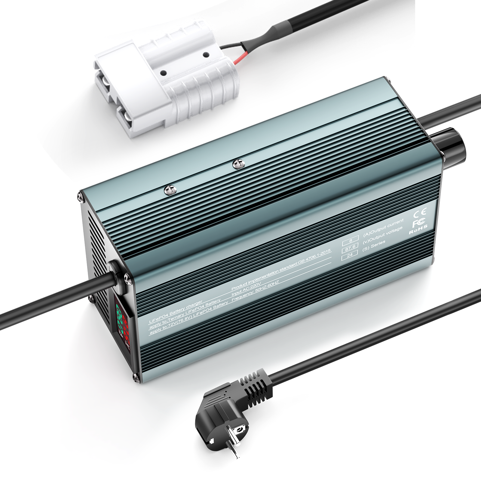 Suraziki 87.6V 1-8A current adjustable Lithium LiFePO4 Battery Charger for 76.8V(72V ) LiFePO4 battery, Cooling Fan, Aluminum alloy housing, LCD Display