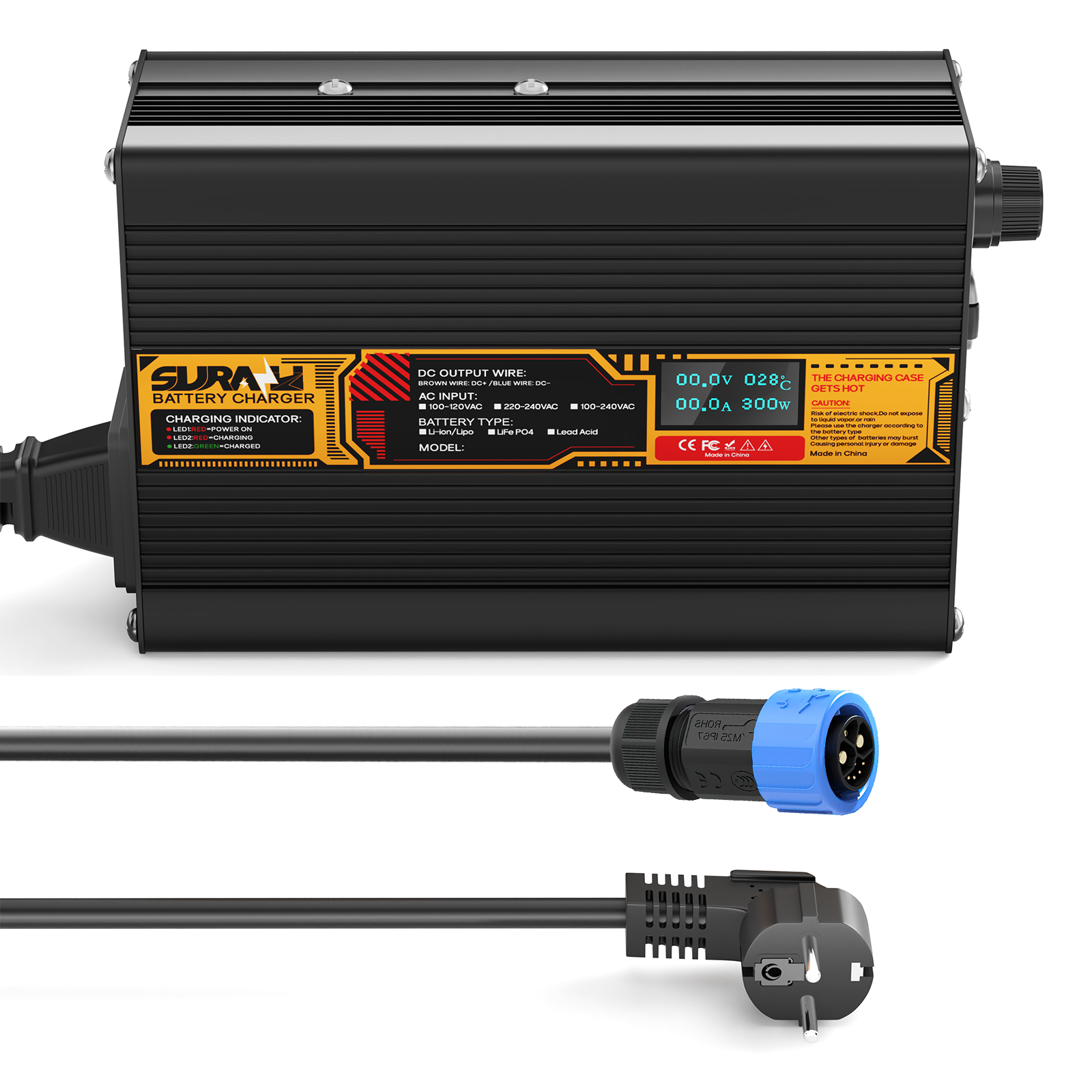Suraziki Lithium 54.6V 4A Battery Charger for 48.1/48V Lithium-ion polymer batteries, LED Display, Full Protection，Aluminum alloy shell