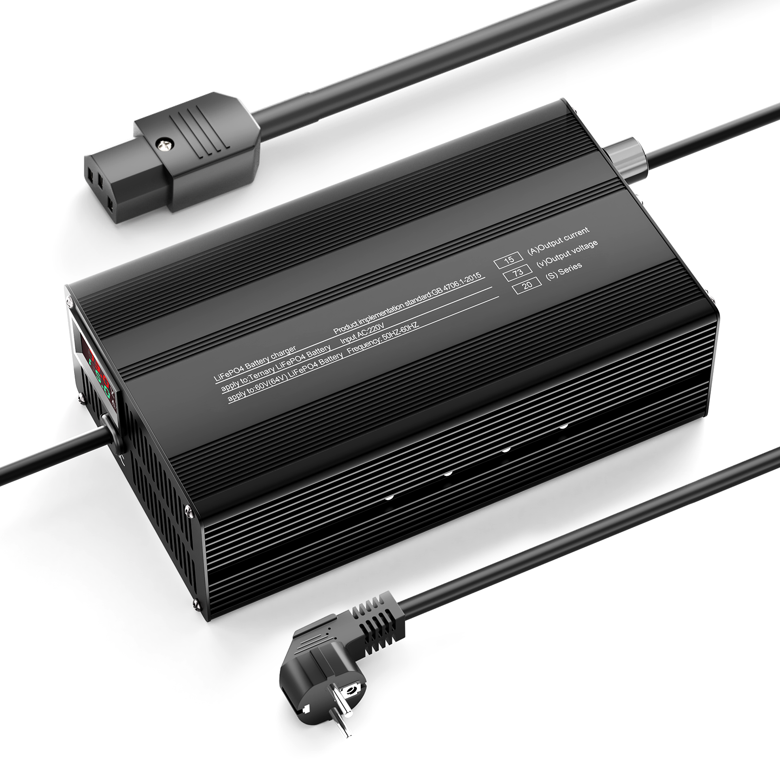 Suraziki 73V 1-15A Einstellbare Stromstärke Lithium LiFePO4 Batterie Ladegerät für 20S 64 V (60 V) LiFePO4-Batterie, Kühllüfter, Gehäuse aus Aluminiumlegierung, LCD-Display