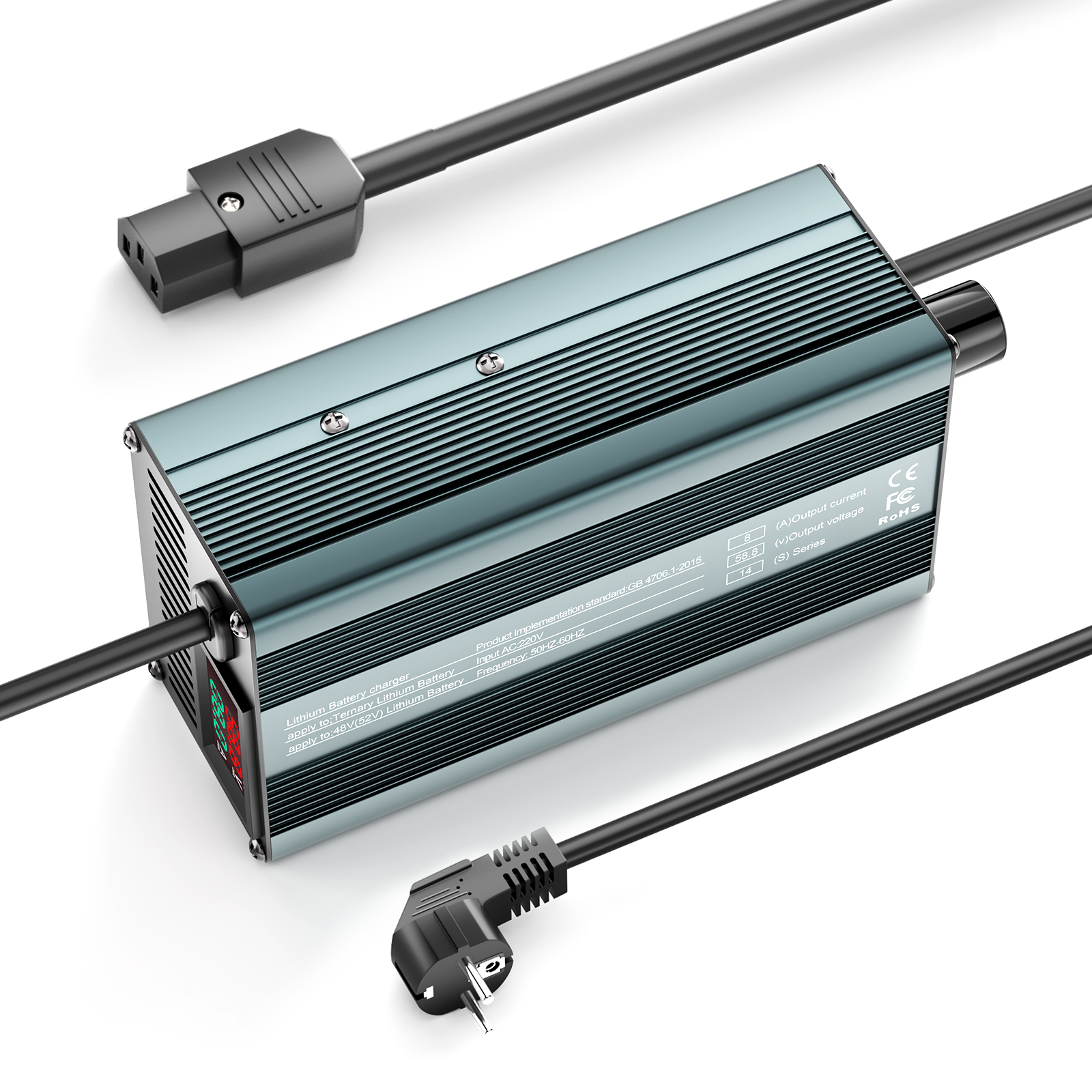 Suraziki 58,8 V 1-8 A stromverstellbares Lithium-Batterieladegerät für 14S 51,8 V 52 V Li-Ionen-/ternäre Lithium-/Polymer-Batterie, Ebike-Scooter-Batterieladegerät