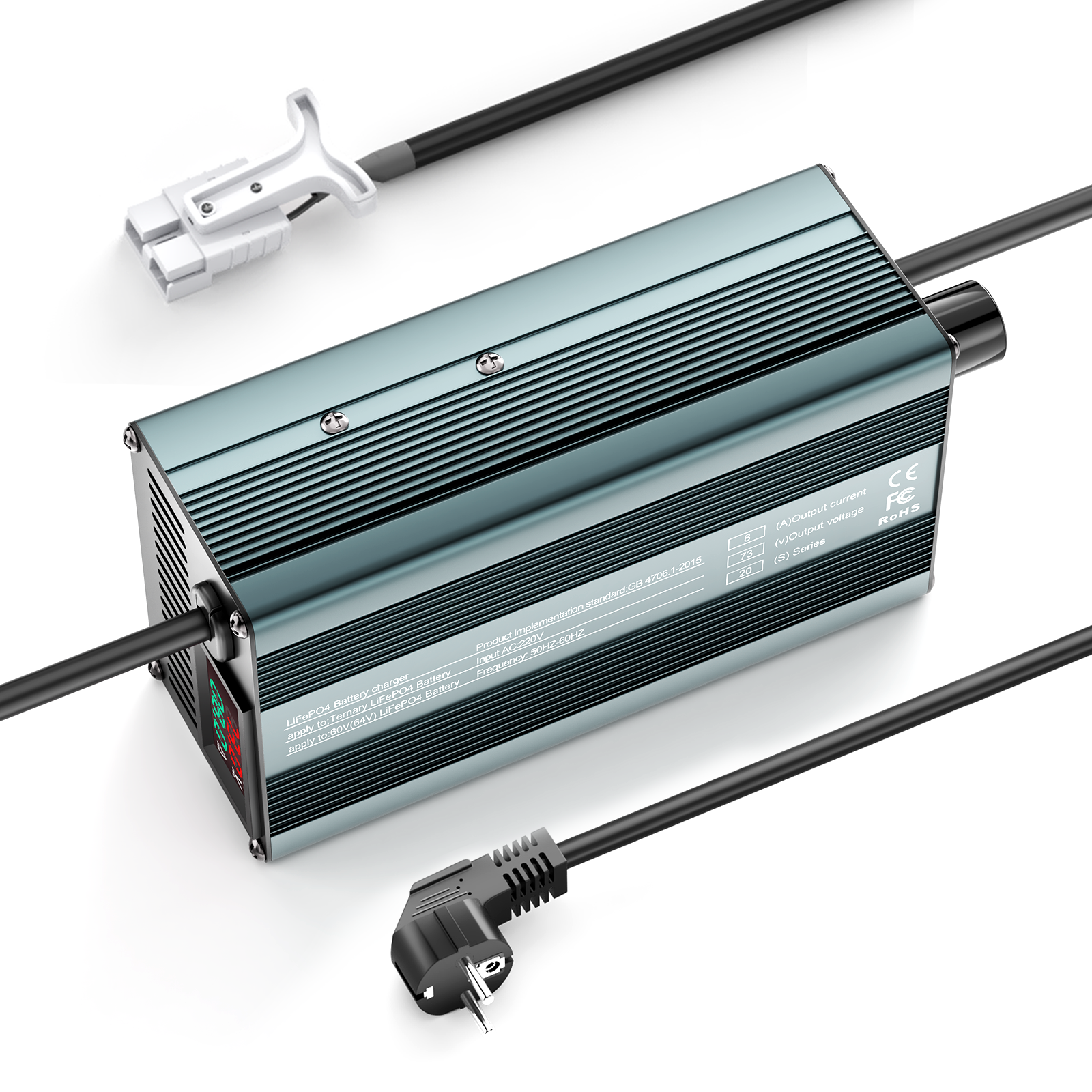 Suraziki 73 V 1–8 A stromverstellbares Lithium-LiFePO4-Batterieladegerät für 64 V (60 V) LiFePO4-Batterie, Golfwagen-Trolling-Motor, Wohnmobil-Boot-Batterieladegerät