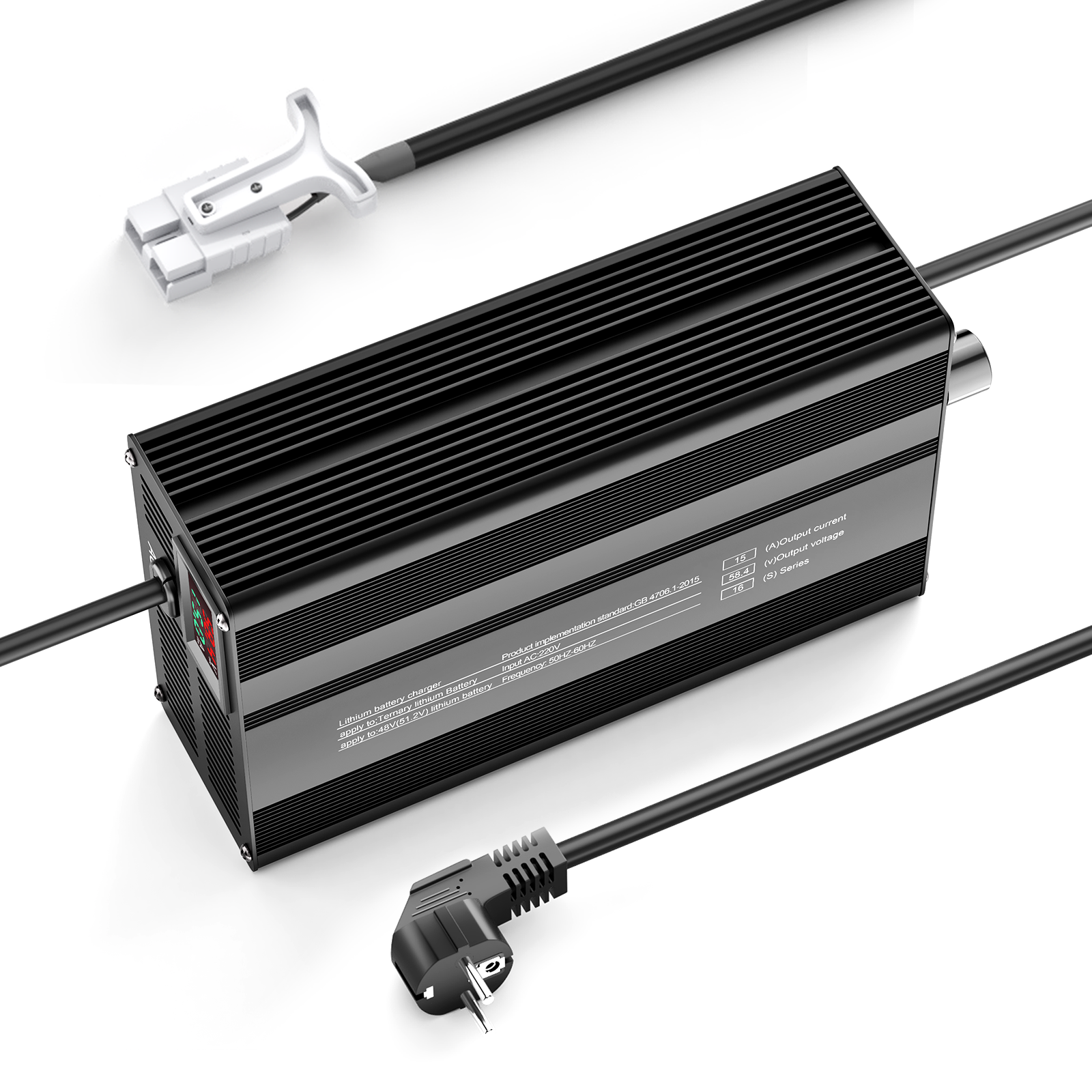 Suraziki 58.4V 1-15A Adjustable Current Lithium LiFePO4 Battery Charger for 16S 51.2V (48V) LiFePO4 Battery, Cooling Fan, Aluminum Alloy Case, LCD Display