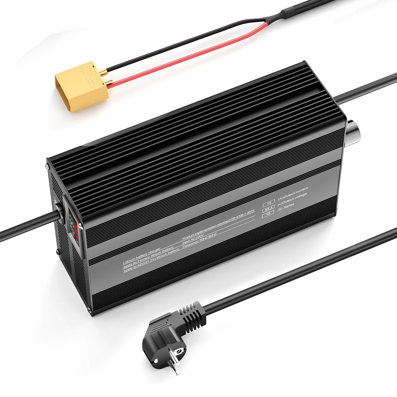 Suraziki 58.4V 1-15A Adjustable Current Lithium LiFePO4 Battery Charger for 16S 51.2V (48V) LiFePO4 Battery, Cooling Fan, Aluminum Alloy Case, LCD Display