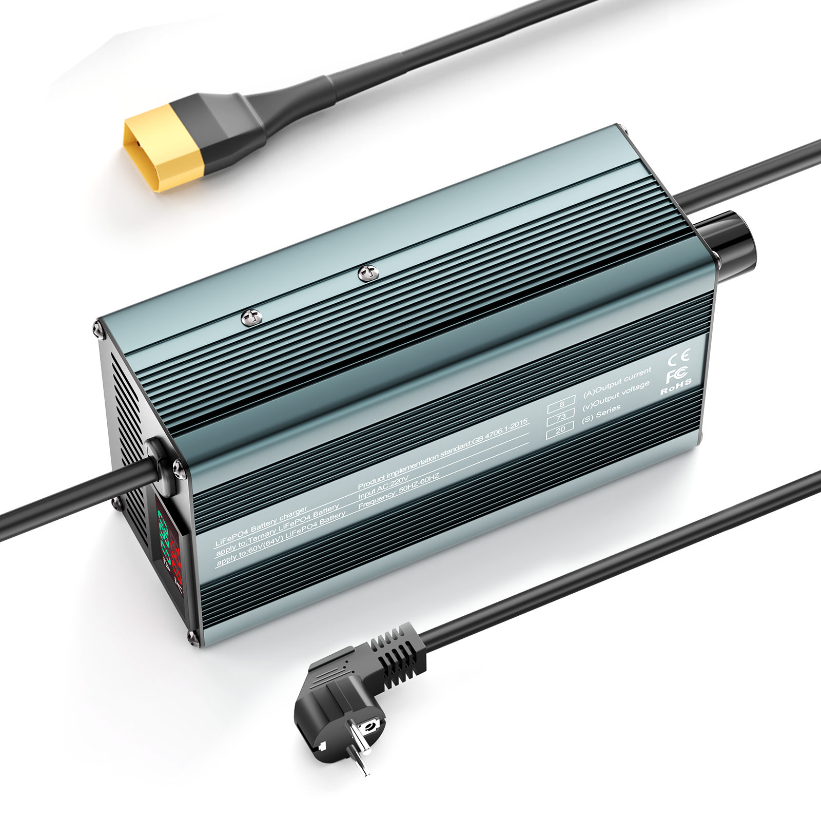 Suraziki 73 V 1–8 A stromverstellbares Lithium-LiFePO4-Batterieladegerät für 64 V (60 V) LiFePO4-Batterie, Golfwagen-Trolling-Motor, Wohnmobil-Boot-Batterieladegerät