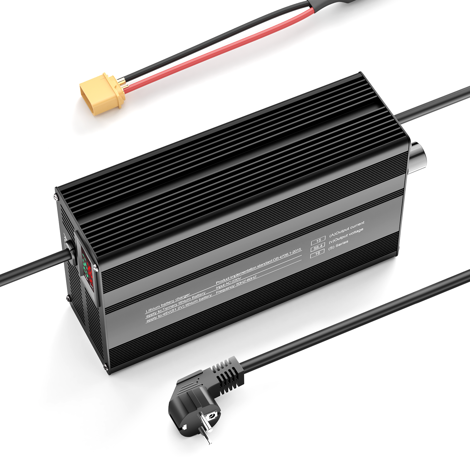 Suraziki 58.4V 1-15A Adjustable Current Lithium LiFePO4 Battery Charger for 16S 51.2V (48V) LiFePO4 Battery, Cooling Fan, Aluminum Alloy Case, LCD Display