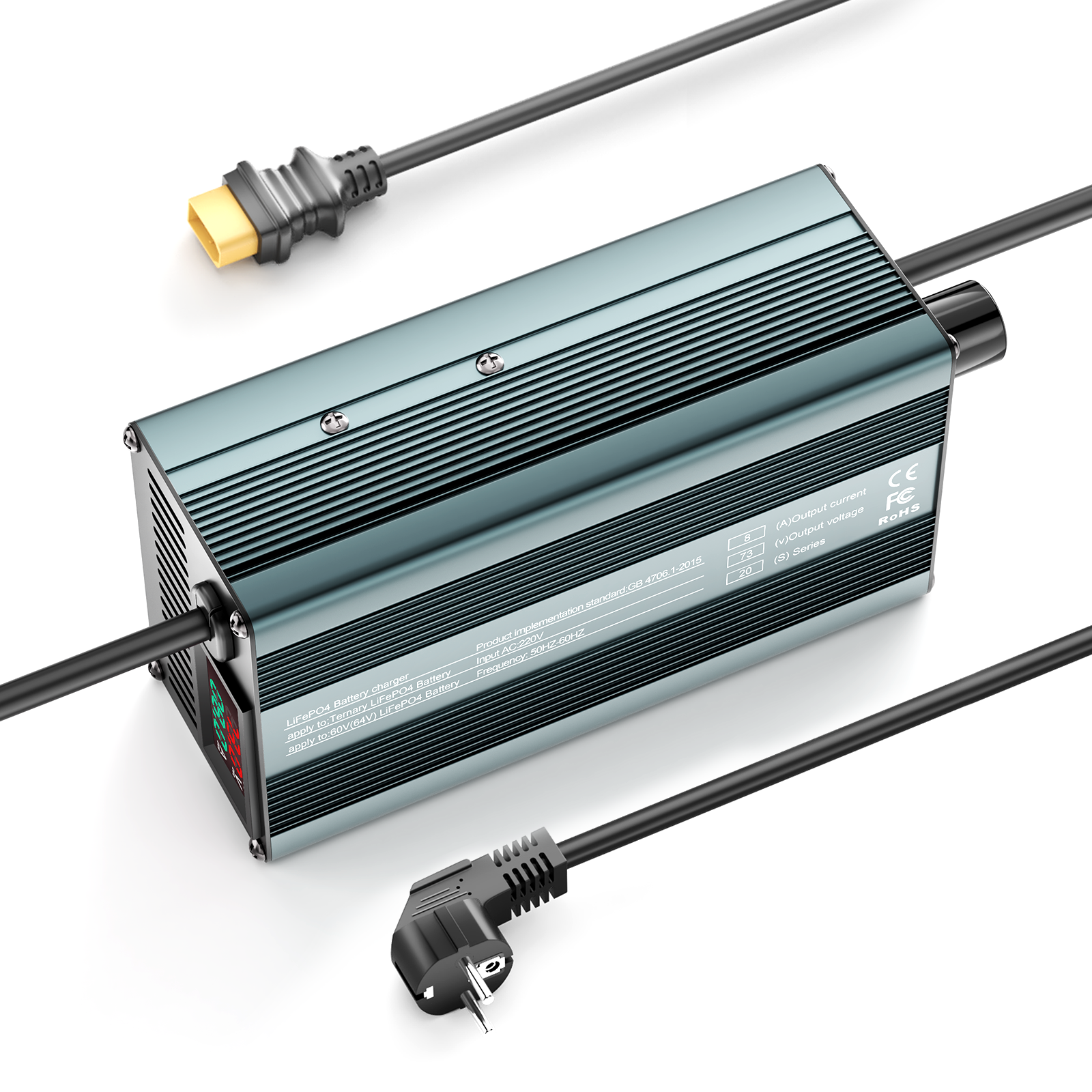 Suraziki 73 V 1–8 A stromverstellbares Lithium-LiFePO4-Batterieladegerät für 64 V (60 V) LiFePO4-Batterie, Golfwagen-Trolling-Motor, Wohnmobil-Boot-Batterieladegerät