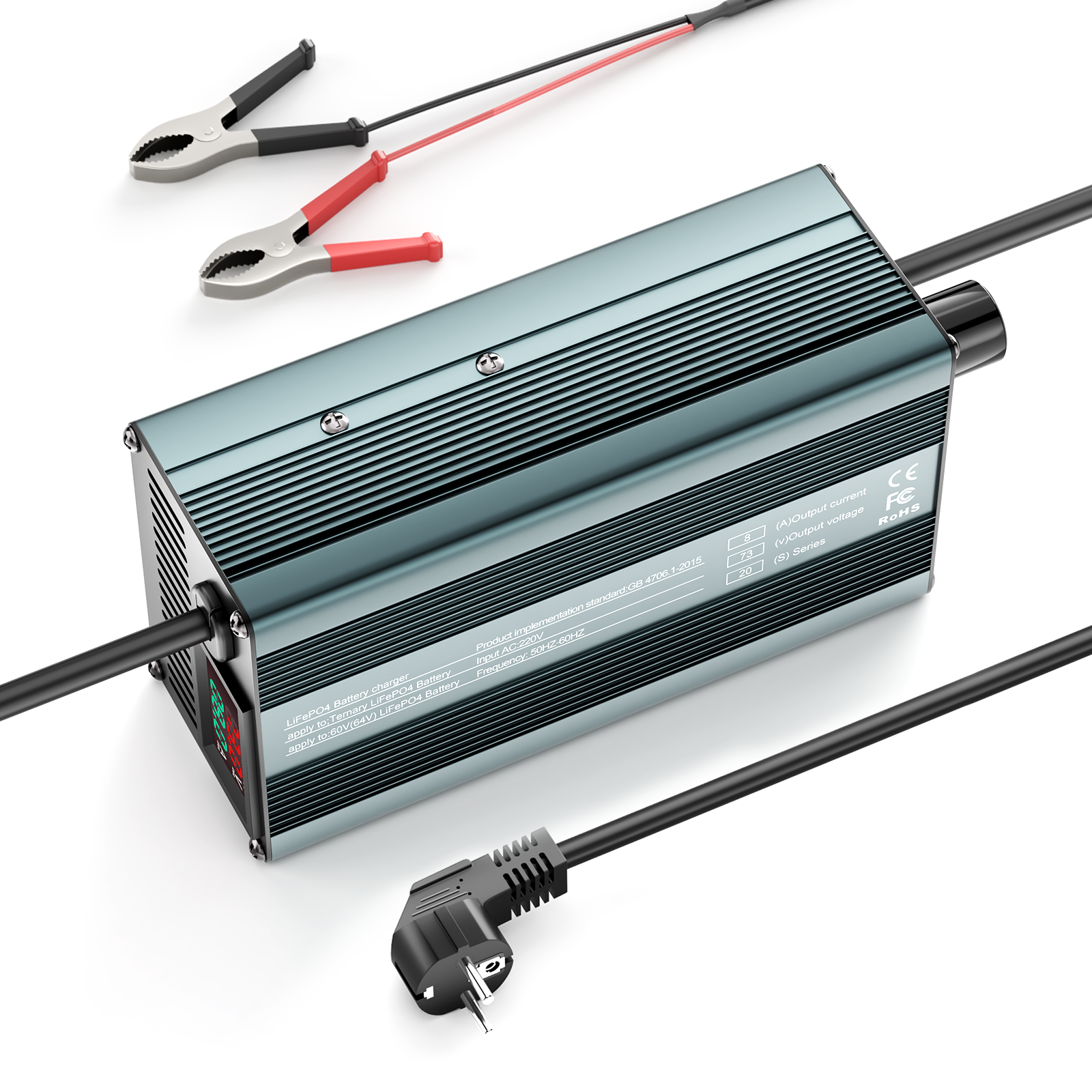 Suraziki 73 V 1–8 A stromverstellbares Lithium-LiFePO4-Batterieladegerät für 64 V (60 V) LiFePO4-Batterie, Golfwagen-Trolling-Motor, Wohnmobil-Boot-Batterieladegerät