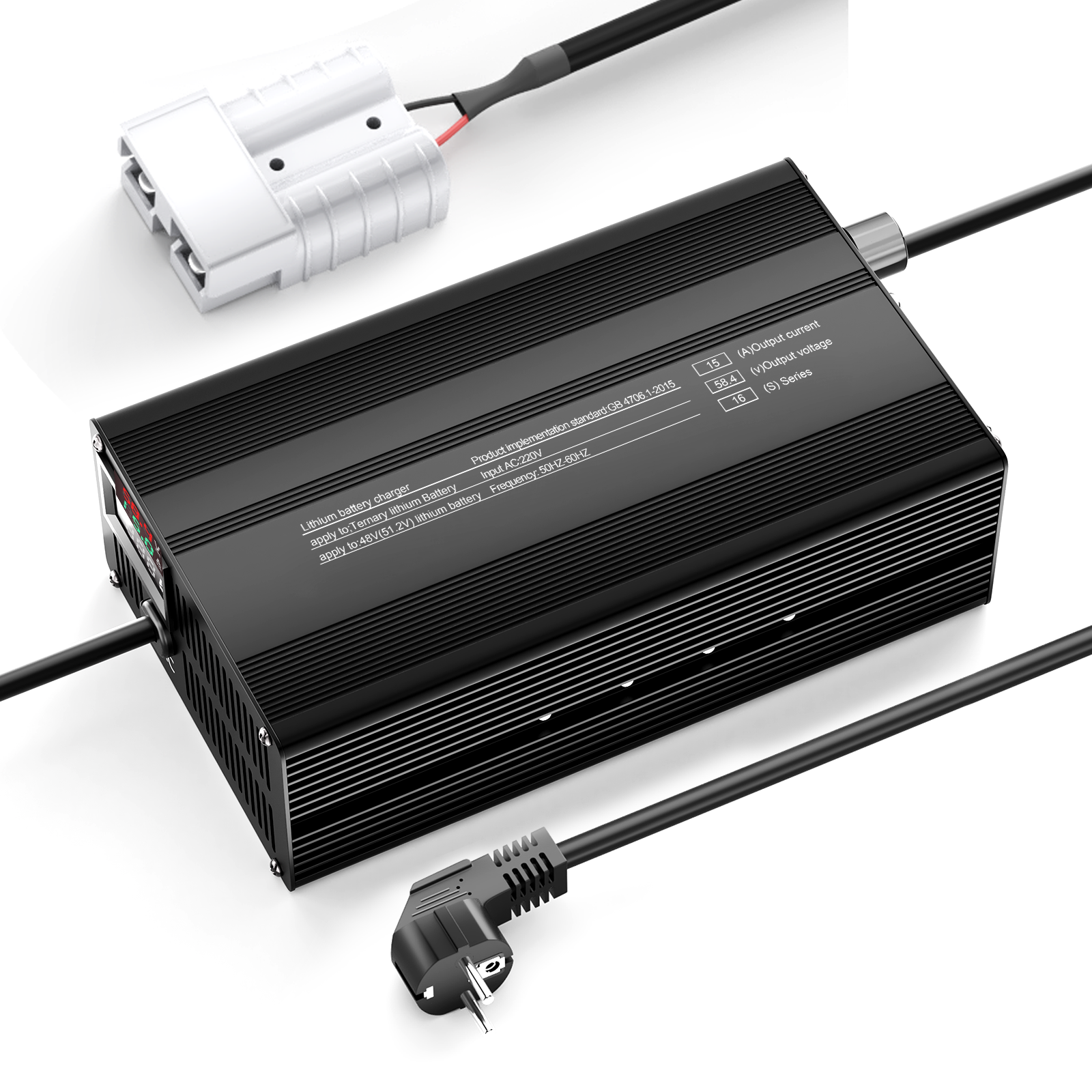 Suraziki 58.4V 1-15A Adjustable Current Lithium LiFePO4 Battery Charger for 16S 51.2V (48V) LiFePO4 Battery, Cooling Fan, Aluminum Alloy Case, LCD Display