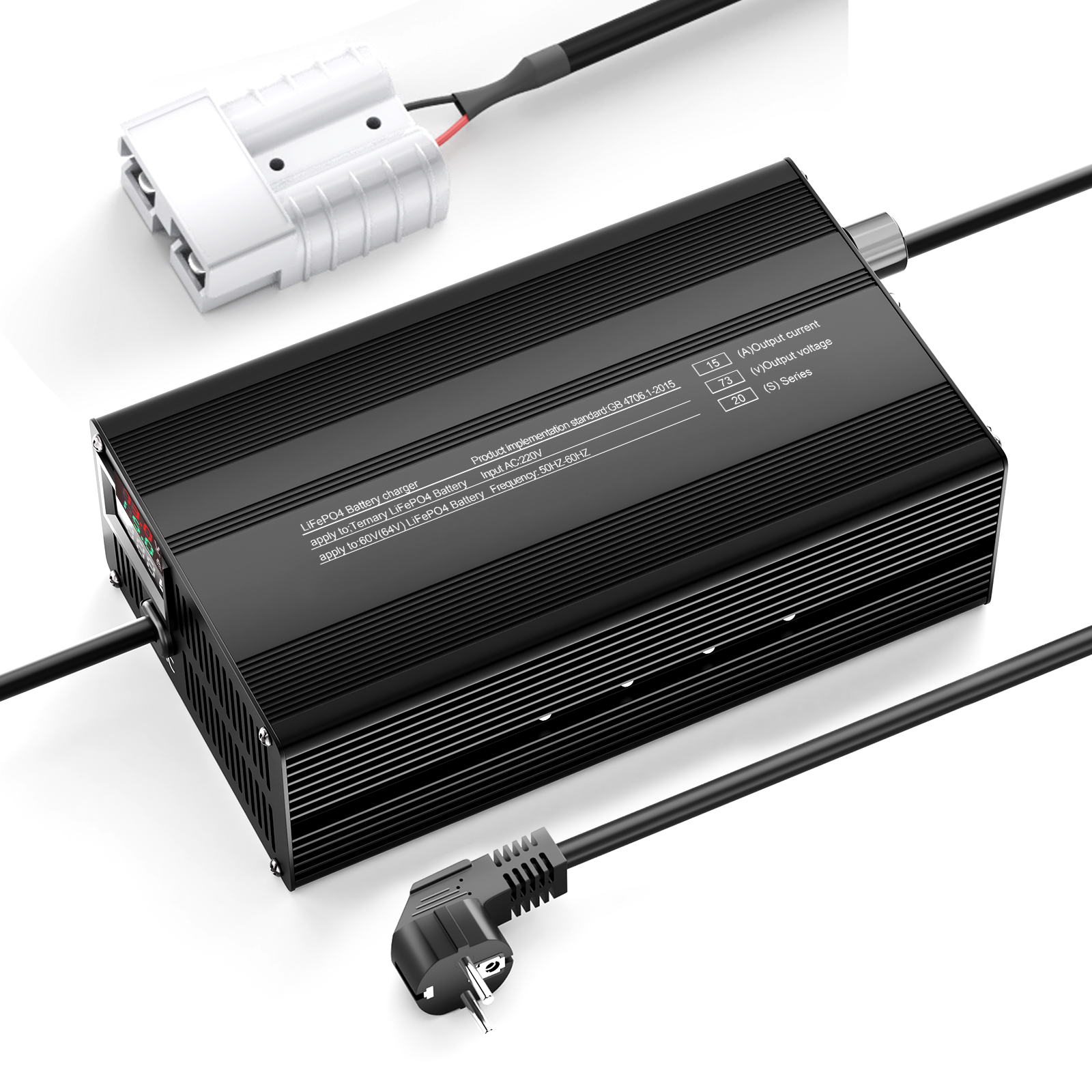 Suraziki 73V 1-15A Einstellbare Stromstärke Lithium LiFePO4 Batterie Ladegerät für 20S 64 V (60 V) LiFePO4-Batterie, Kühllüfter, Gehäuse aus Aluminiumlegierung, LCD-Display