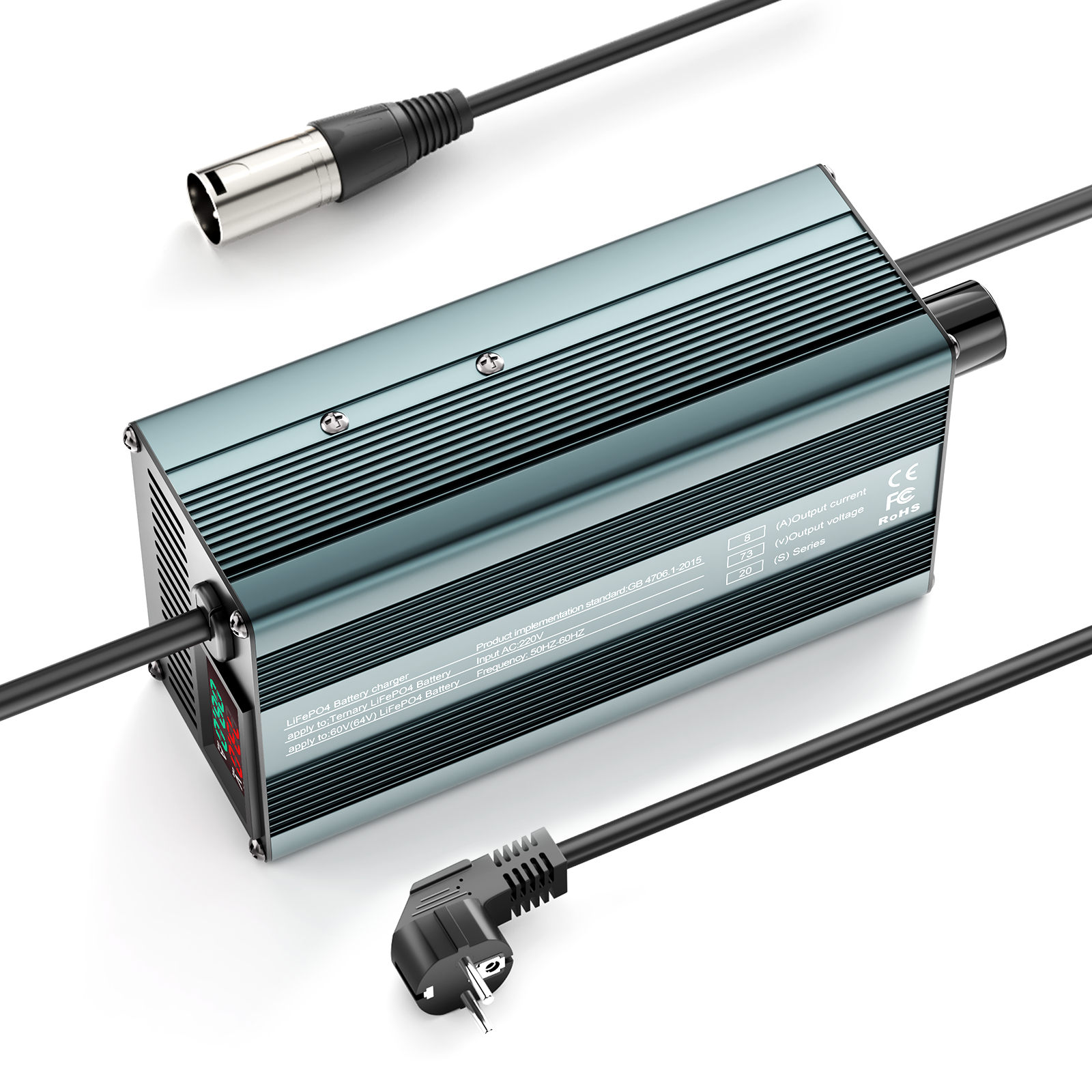 Suraziki 73 V 1–8 A stromverstellbares Lithium-LiFePO4-Batterieladegerät für 64 V (60 V) LiFePO4-Batterie, Golfwagen-Trolling-Motor, Wohnmobil-Boot-Batterieladegerät