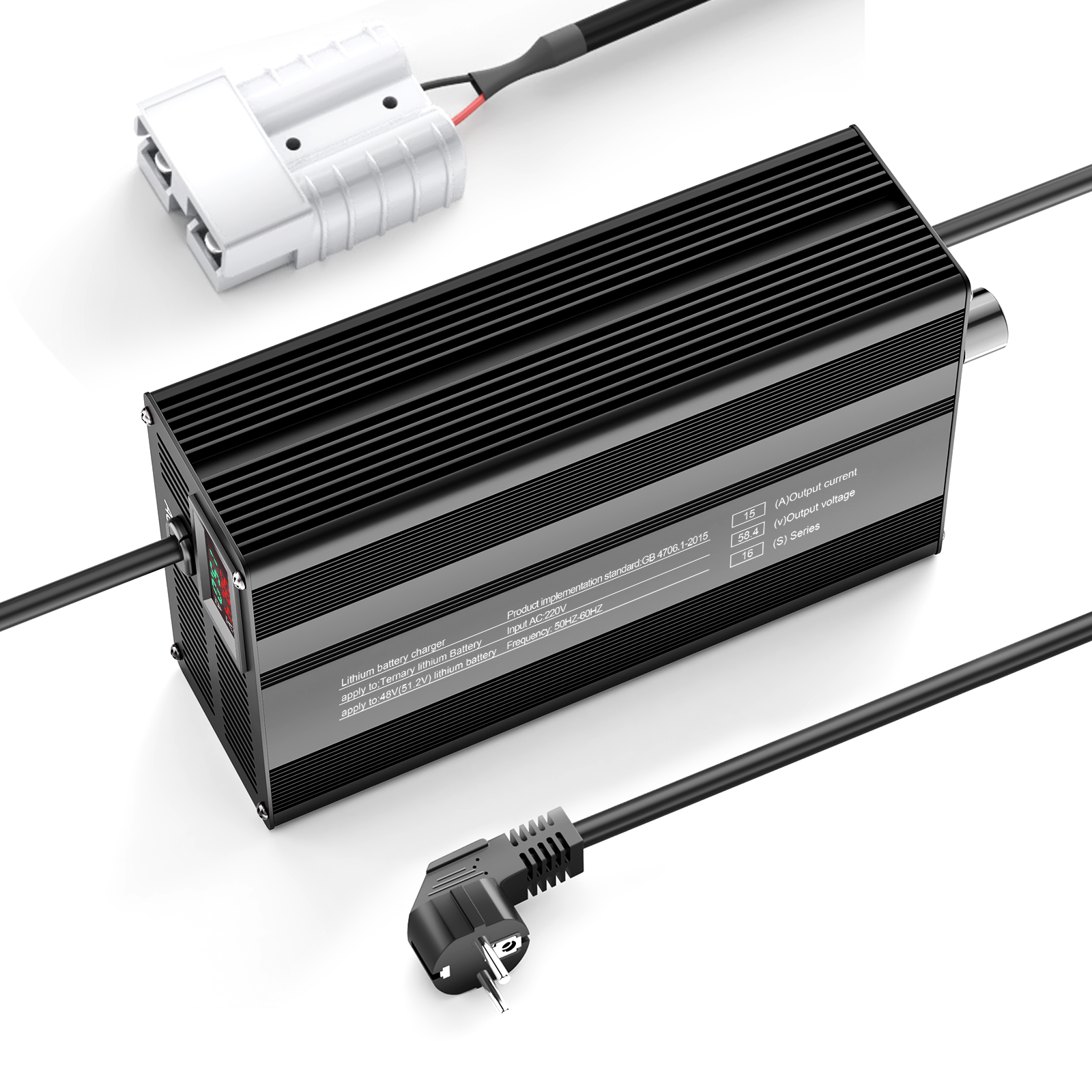 Suraziki 58.4V 1-15A Adjustable Current Lithium LiFePO4 Battery Charger for 16S 51.2V (48V) LiFePO4 Battery, Cooling Fan, Aluminum Alloy Case, LCD Display