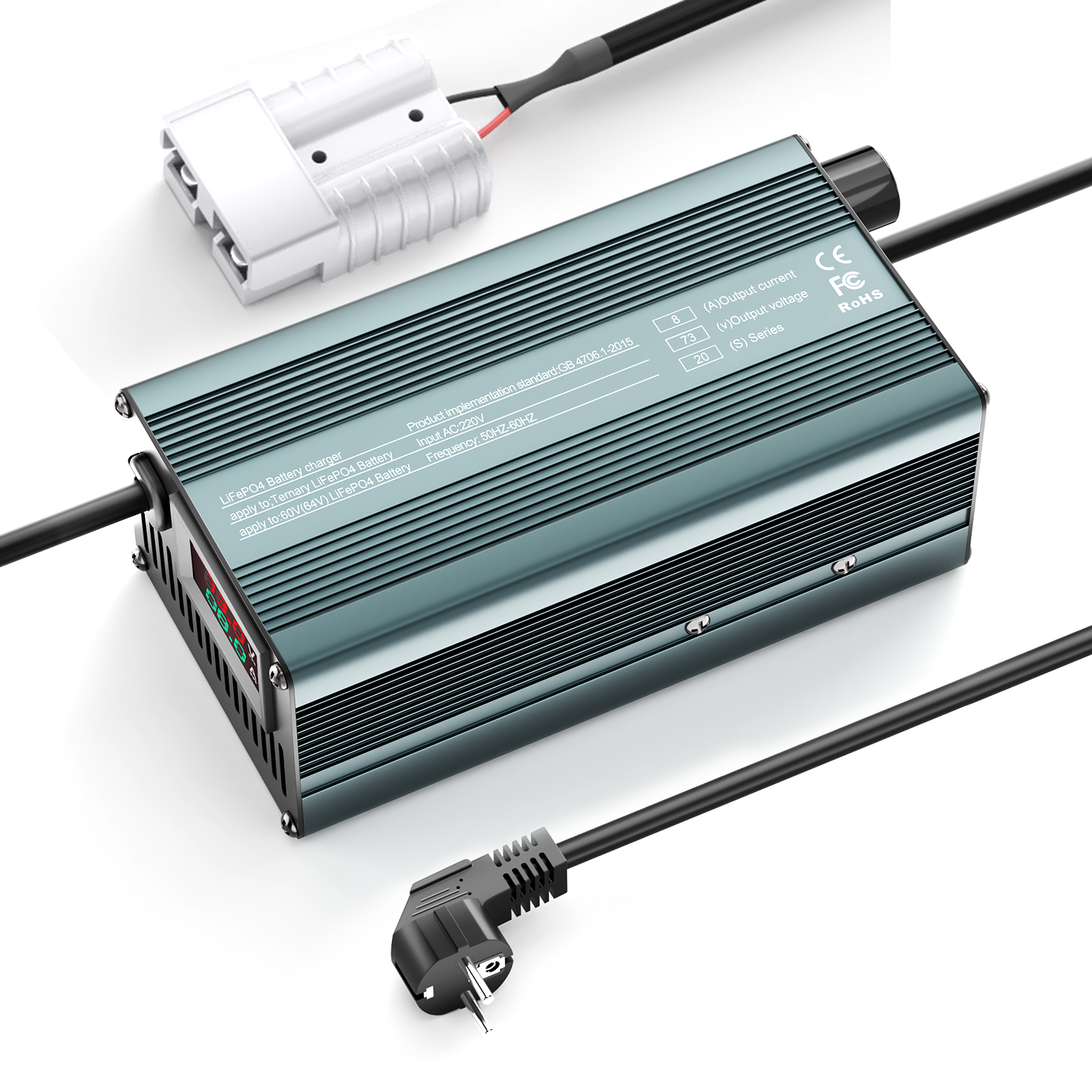 Suraziki 73 V 1–8 A stromverstellbares Lithium-LiFePO4-Batterieladegerät für 64 V (60 V) LiFePO4-Batterie, Golfwagen-Trolling-Motor, Wohnmobil-Boot-Batterieladegerät