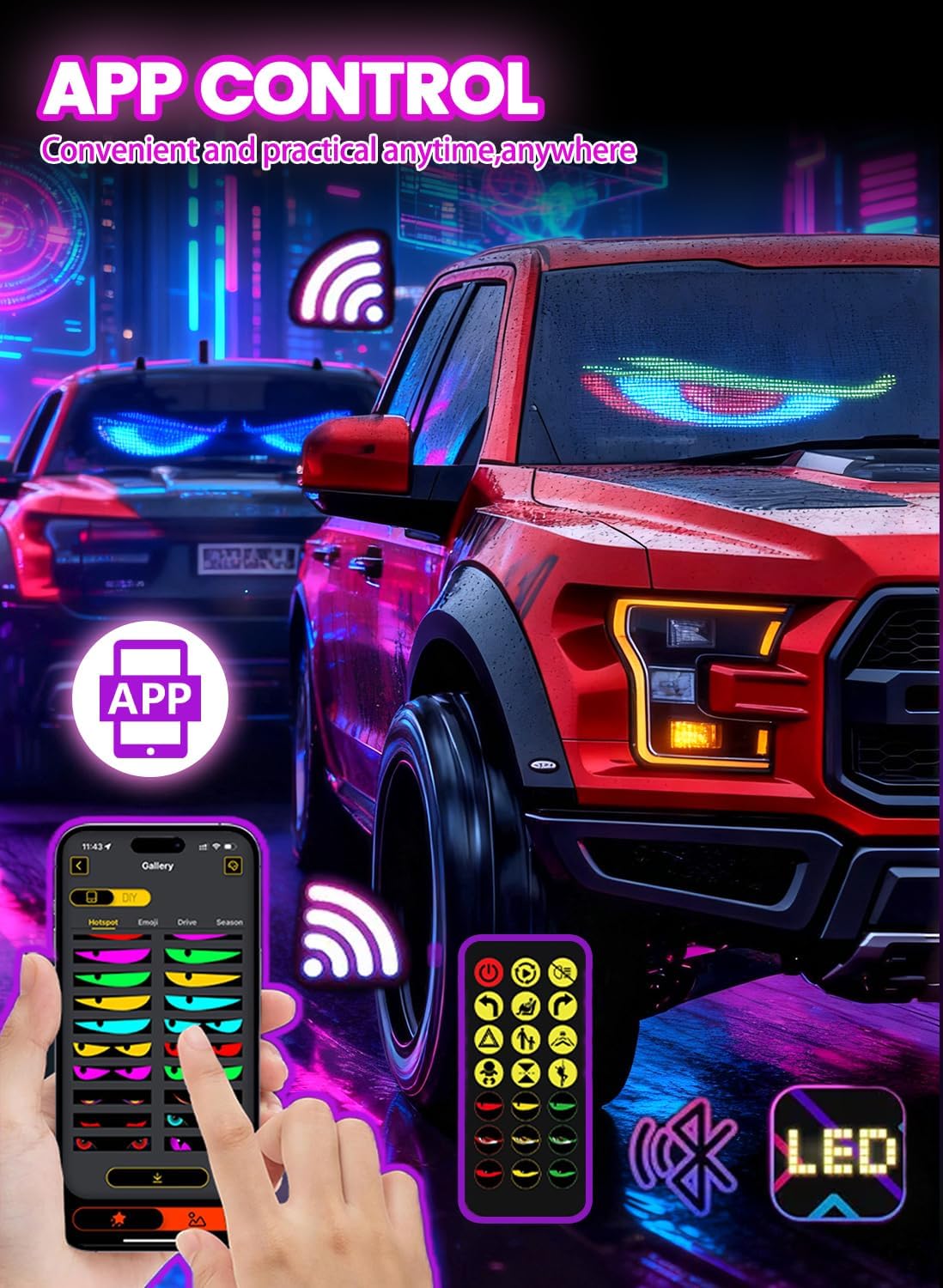 Devil Eyes Light for Trucks/Cars, LED Eyes for Cars, Truck Interior Accessories,  Personalized Light Sign for truck windshield, Scrolling Text Holiday Light Sign（2pcs）